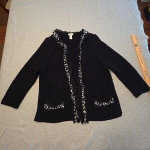 Chicos Cardigan Sweater Womens 2 Large Black Ruffle Trim Open Front Pockets Knit